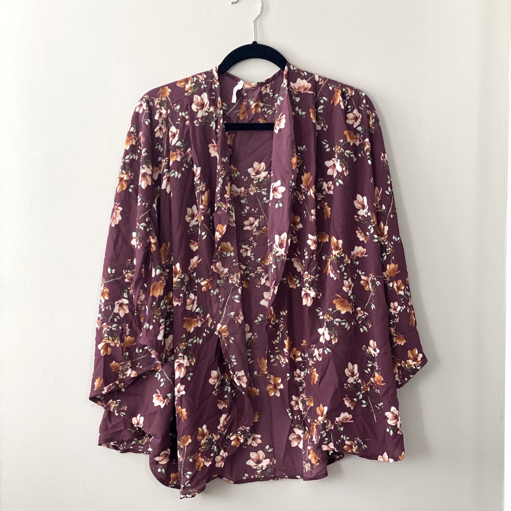 Burgundy Floral Chiffon Kimono